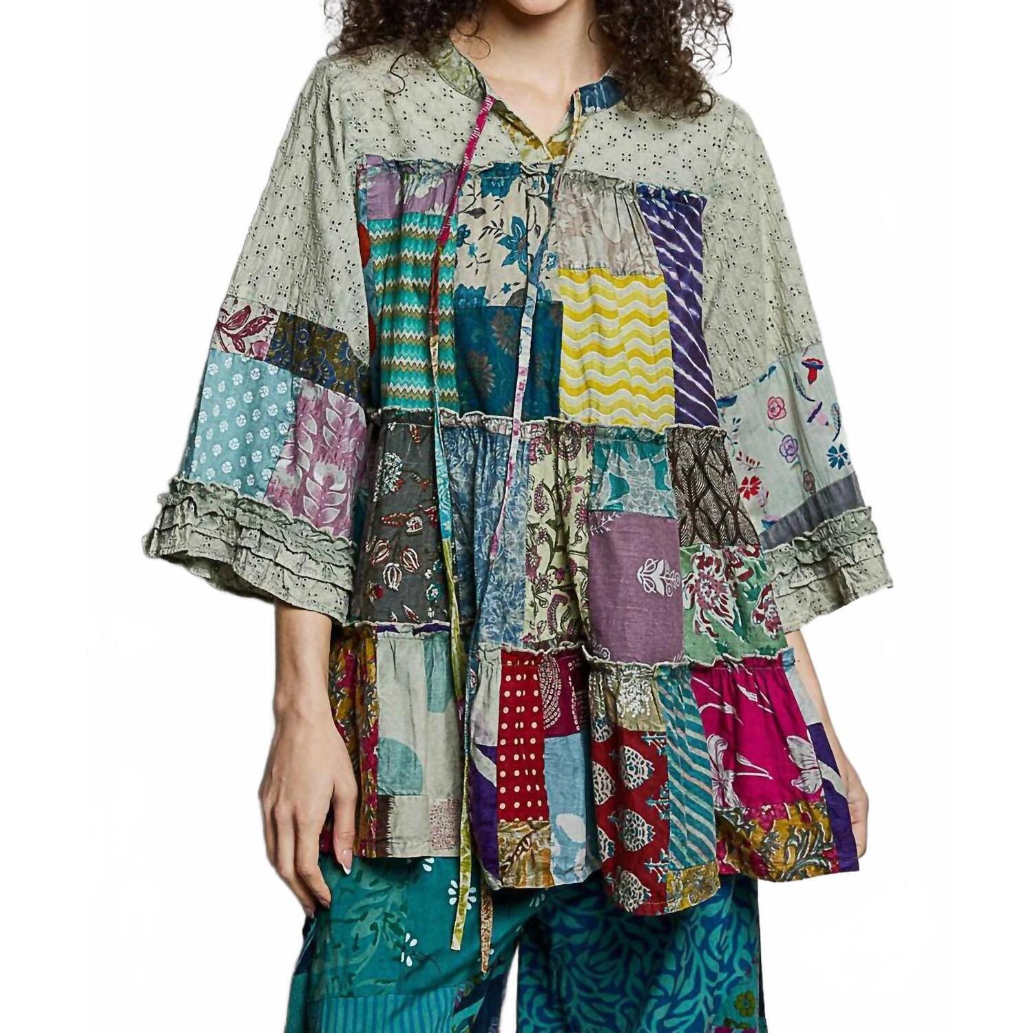 New Pol One Of A Kind Patch Work Tunic Top In Sage Green